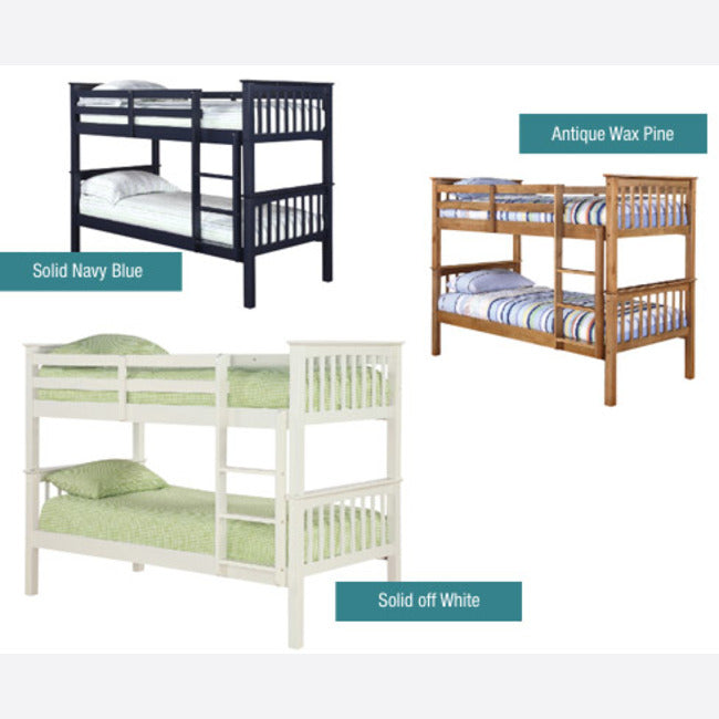 Douglas 3FT Single Wooden Bunk Bed in Classic Solid Off White, Solid Navy Blue and Antique Wax Pine.