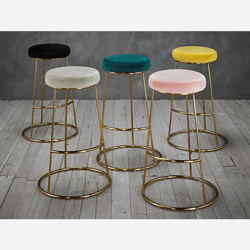 Perth Bar Stool in Velvet Champagne, Vintage Pink, Dark Teal, Black and Yellow Fabric.