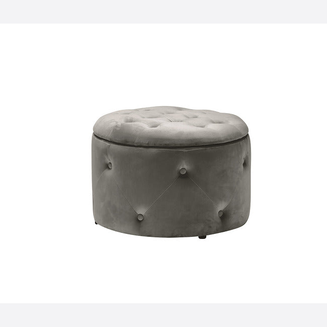 Sloane Chesterfield Buttoned Ottoman Storage Pouf in Teal, Pink, Charcoal and Beige Plush Velvet Fabric.