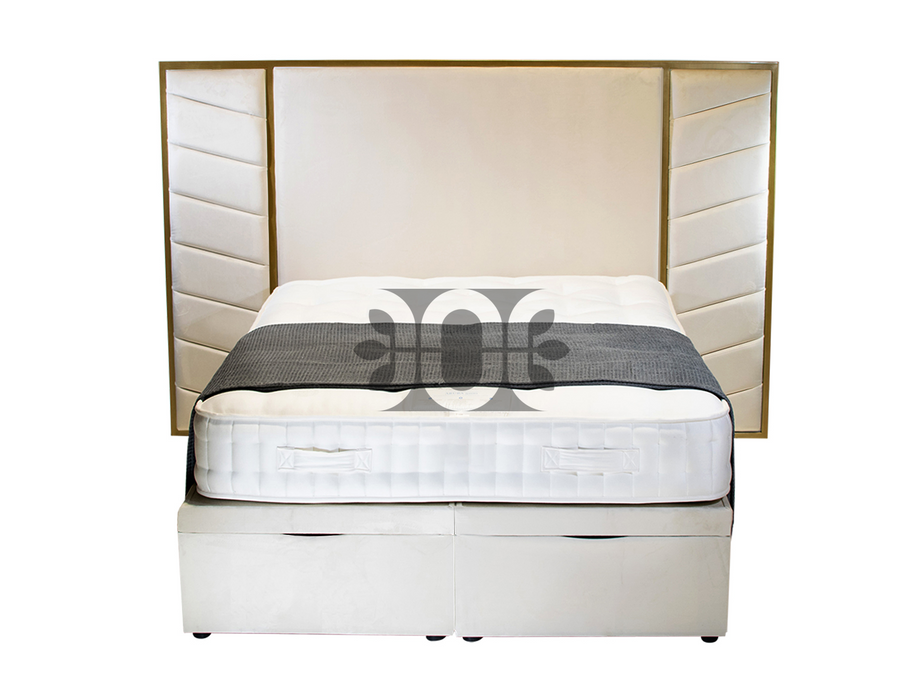 Louvre 4FT Small Double 2 Panel Metal Trim Bed Storage Bed in Various Colours and Fabrics