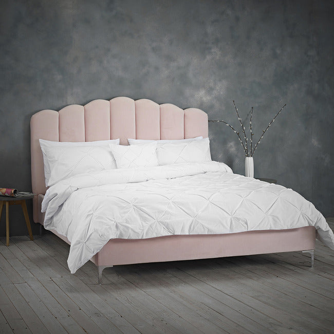 Montevia 5FT Kingsize Fluted Petal Designed Bed in Velvet Soft Silver and Shell Pink Fabric.