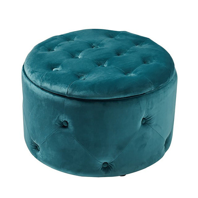 Sloane Chesterfield Buttoned Ottoman Storage Pouf in Teal, Pink, Charcoal and Beige Plush Velvet Fabric.